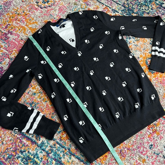 Polo Golf Ralph Lauren Large V-Neck Pullover‎ Sweater Black Whit Print Cotton - Picture 11 of 13
